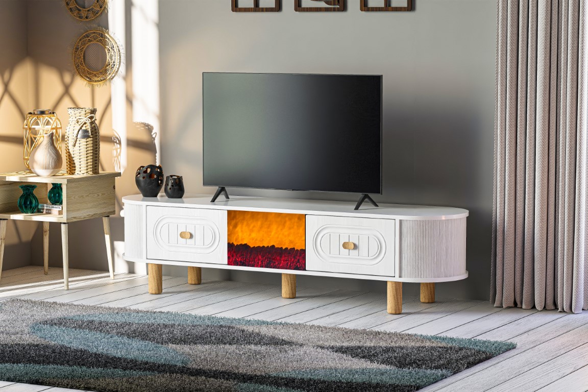 26-556 Oval Şömineli Tv Sehpası Beyaz