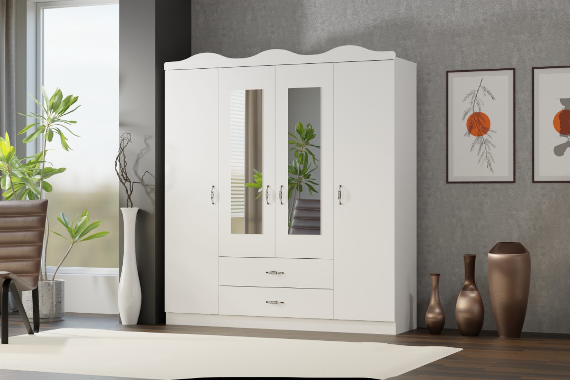 26-435 Taçlı 4 Kapılı Dolap beyaz